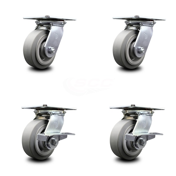 5 Inch Thermoplastic Rubber Swivel Caster Set with Ball Bearings 2 Brakes SCC
